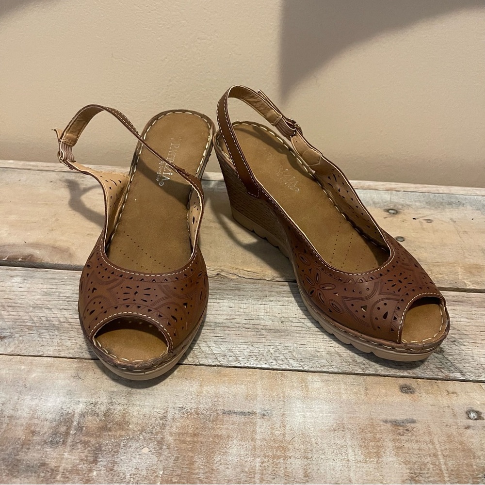 Patrizia by Spring Step Maraya Brown Leather, Platform, Peep Toe, Wedge Sandals